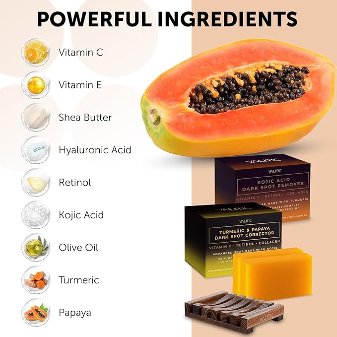 VALITIC Papaya and Turmeric Kojic Acid Soap Bar - Dark Spot Corrector Skin Care Cleansing Bar - Infused with Vitamin C, Hyaluronic Acid - Papaya 2 Pack, Kojic 2 Pack, Holder