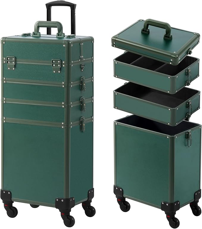 Makeup Train Case, Rolling Makeup Case with Lid, 5 in 1 Cosmetology Case on Wheels, Christmas Gift, Large Makeup Case Organizers, Profesional Cosmetic Case for Salon Barber, Green