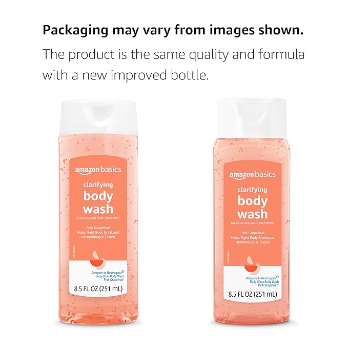 Amazon Basics Clarifying Pink Grapefruit Body Wash, 2% Salicylic Acid Acne Treatment, Dermatologist Tested, 8.5 Fluid Ounces, Pack of 1