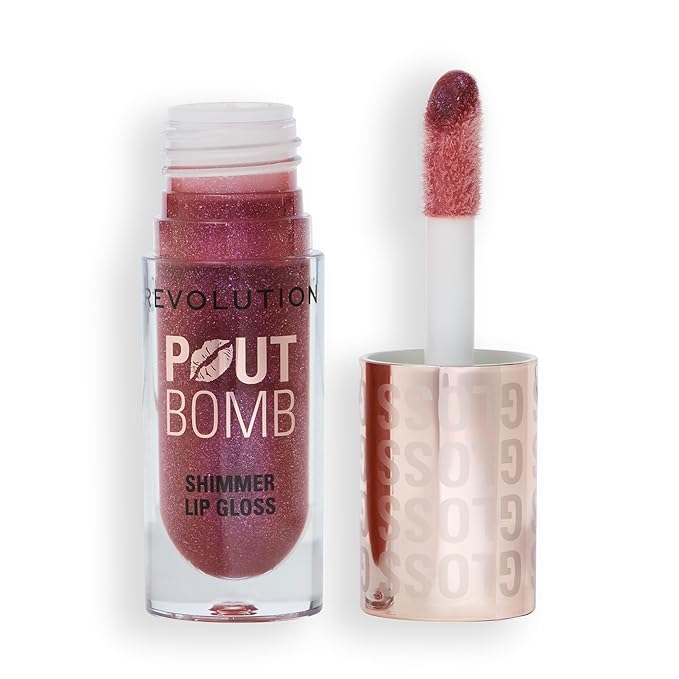 Revolution Beauty London, Pout Bomb Shimmer Gloss, High-Shine Lip Gloss & Shimmer for Glossy Lips with Hyaluronic Acid & Sweet Vanilla Scent, Berry Lustre, 0.15 oz