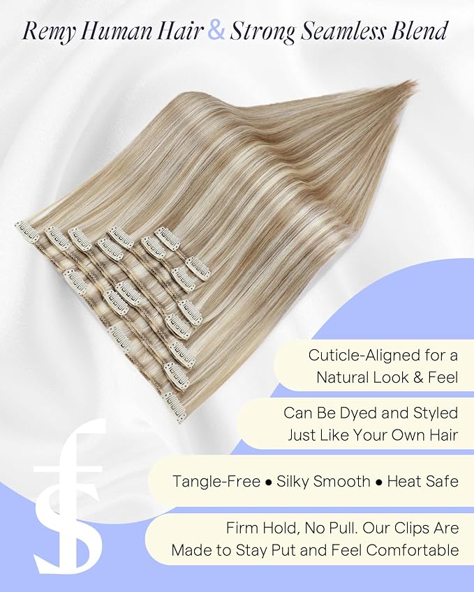 Full Shine Human Hair Clip in Extensions Highlights 24 Inch Golden Blonde Mix Light Blonde Clip in Real Hair Extensions for Women 7 Pcs 150 G