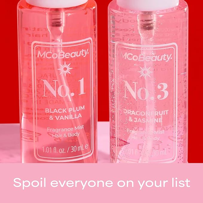 MCoBeauty - Mini Fragrance Mist Duo, No. 1 & No. 3, Limited Edition Travel-Size Body & Hair Perfume Sprays with Fruity, Floral & Tropical Notes, Holiday Collection, Cruelty Free Fragrance Gift Set