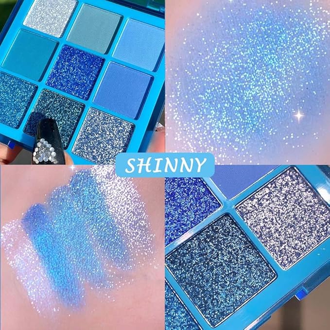 evpct 9 Colors Blue Glitter Eyeshadow Palette, Glitter Dark Light Royal Cobalt Baby Sky Navy Blue Metallic Shimmer Sparkly Eye Shadow Palette Makeup for Older Women, Highly Pigmented Eyeshadow