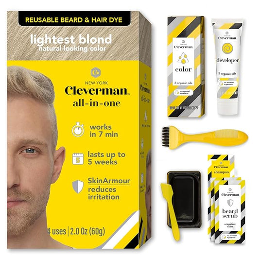 CLEVERMAN Lightest Blond Hair & Beard Dye for Men, All-in-One Reusable Kit - Men's Color For Natural-Looking Gray Coverage, Professional-Quality and Ammonia-Free