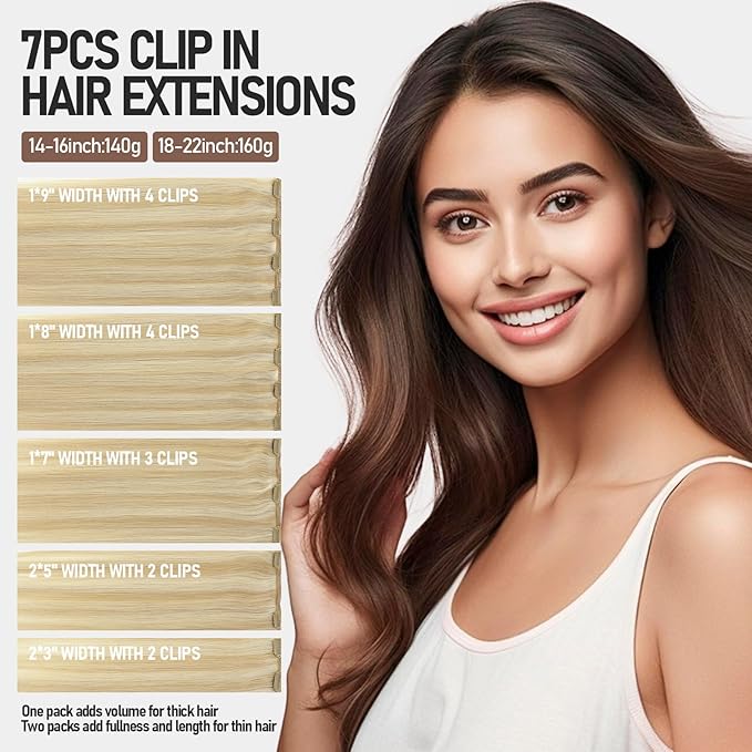 VINBAO Clip in Hair Extensions 16In 140g 7pcs Caramel Blonde Highlighted Platinum Blonde Hair Extensions Clip in Human Hair Remy Clip in Hair Extensions Real Human Hair Double Weft (#HC27P60,16'')