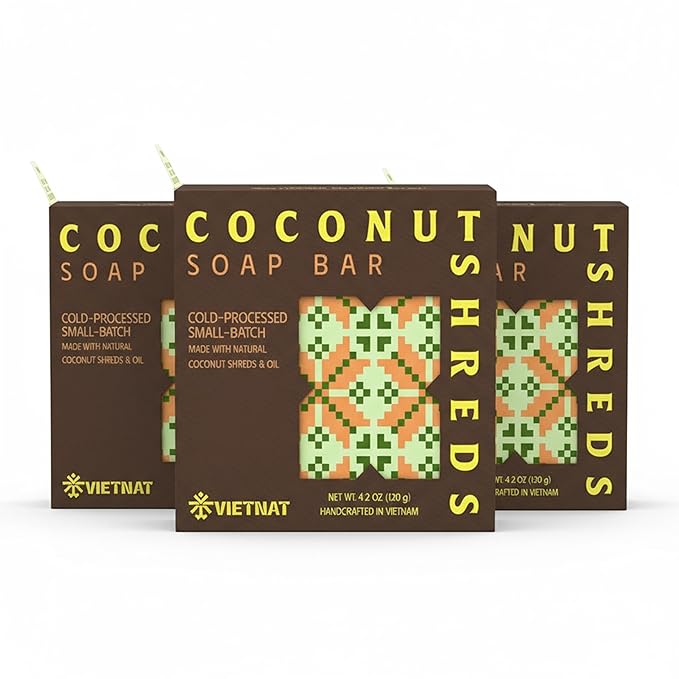 Coconut Shreds Soap Bar (Pack of 3) – 2-in-1 Cleansing & Exfoliating, Cold Process Handmade Bar with Real Coconut, Nourishing Body Soap, Made in Vietnam
