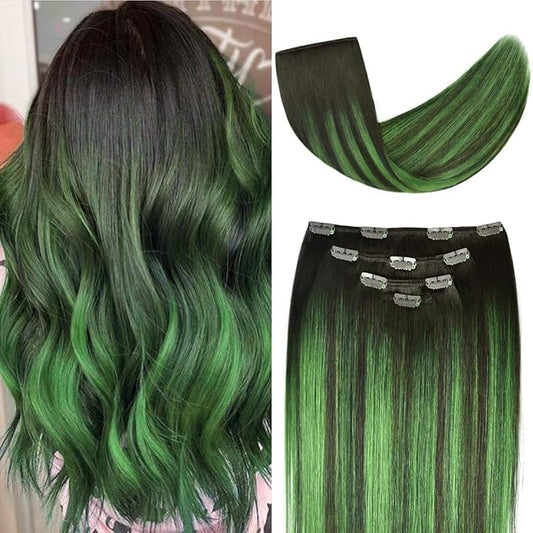 18" Clip in Hair Extensions Remy Human Hair Teal Balayage for Women - Silky Straight 100% Real Human Hair 60grams 4pieces #(1B/Teal) T1B Color