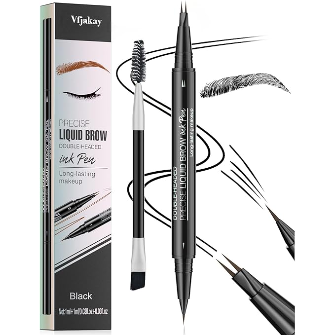 Microblading Eyebrow Pen, Dual-Ended Brow Pencil with 2-Fork-Tip and Precise Brush, Waterproof Longer Lasting Eyebrow Pencil, Microblade Eyebrow Pencil Create Natural Hair-Like Strokes (Black)