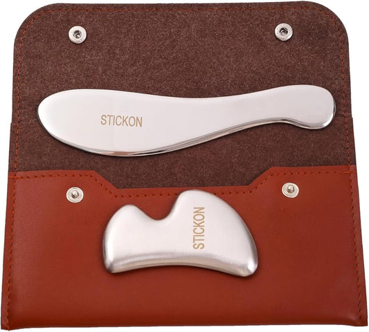 STICKON Stainless Stee Gua Sha Set 2 in 1,Muscle Scraper Tools Kit,Scraping Massage Tools for Physical Therapy,Derma Edge Massage Tool & GuaSha Massage Scraper Tool(STICKON-53)