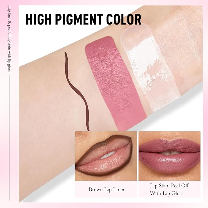 Peel Off Lip Stain & Brown Lip Liner, 2-in-1 Matte Lip Tint Stain Peel Off With Moisturizing Lip Gloss Long Lasting Lip Combo Highly Pigmented Color Lip Liner Pencil Non-Stick Cup Easily Apply