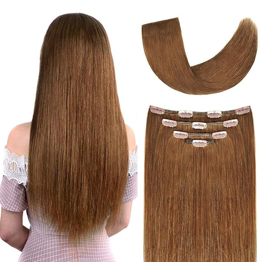 18" Hair Extensions clip in Human Hair for Women - Silky Straight Clip on Human Hair Extension 60grams 4pieces Chestnut Brown #8 Color (18inches, #8)