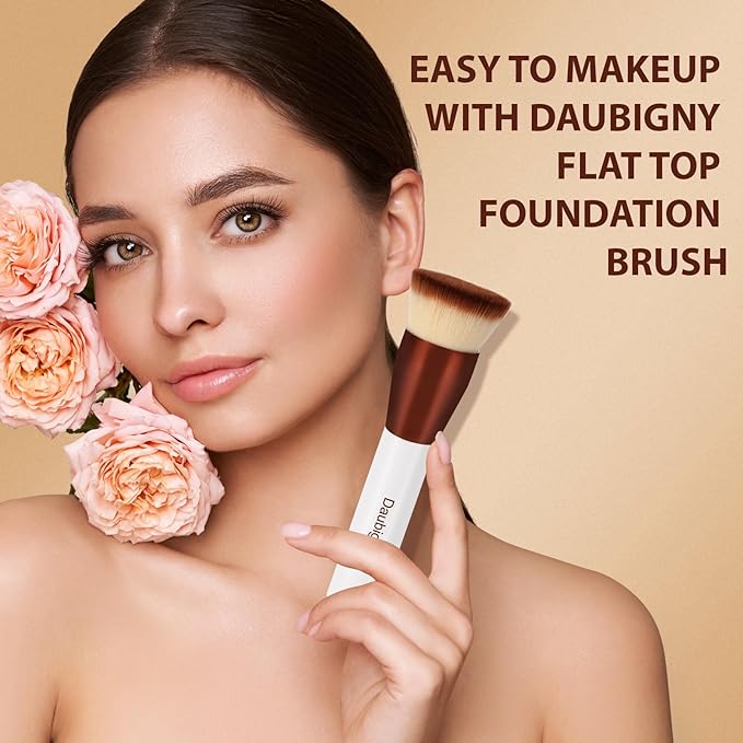 Daubigny 1.5" Top Diameter Foundation Brush - Premium Makeup Brush, Perfect For Liquid Makeup, Cream, Buffing, Blending (White Gold)