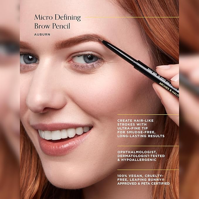 Arches & Halos Micro Defining Brow Pencil - Fuller and More Defined Brows - Long-Lasting, Smudge Proof, Rich Color - Dual Ended Pencil with Brush - Vegan and Cruelty Free Makeup - Auburn - 0.003 oz