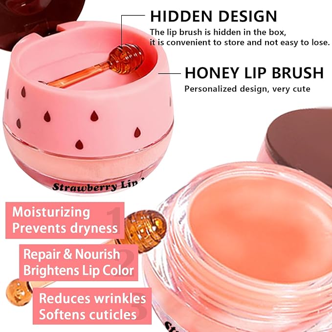 5 Pcs Bee Lip Balm Honey Pot, Honey Strawberry Apple Lip Mask Overnight, Moisturizing Lip Sleeping Mask, Hydrate Repair Prevent Dry Cracked Lip Exfoliator Lip Care