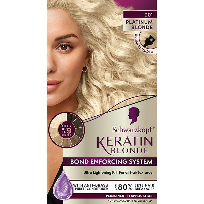 Schwarzkopf Keratin Blonde Hair Dye, 001 Platinum Blonde, Professional Quality Hi-Lift Permanent Hair Color, Bond Enforcing System Helps Prevent Breakage* Pre-Color Serum & Purple Conditioner Included