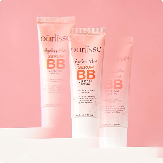 pūrlisse Ageless Glow Serum BB Cream SPF 40 - Glow BB Cream with SPF Enriched with Bakuchiol & Vitamin C to Help Improve Firmness & Reduce Wrinkles for Dewy Skin - Medium Golden (1.4 oz)