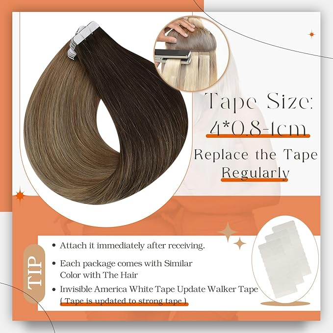 Full Shine Hair Extensions Tape in Balayage Dark Brown to Chestnut Brown Highlighted Ash Blonde Remy Tape in Human Hair Extensions Real Hair Seamless Skin Weft Tape Hair Extension 50g 20pcs 16Inch
