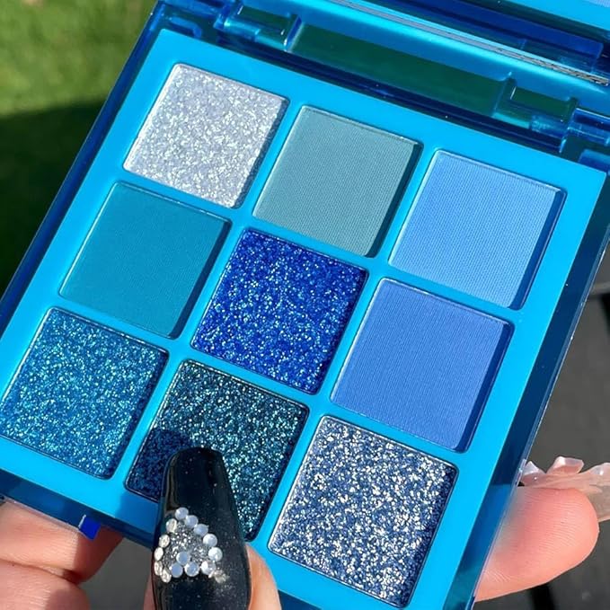 evpct 9 Colors Blue Glitter Eyeshadow Palette, Glitter Dark Light Royal Cobalt Baby Sky Navy Blue Metallic Shimmer Sparkly Eye Shadow Palette Makeup for Older Women, Highly Pigmented Eyeshadow