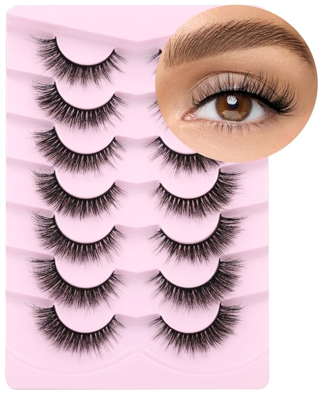 Lashes Natural Look Faux Mink Lashes Wispy Eyelashes Short Natural False Lashes Cat Eye 6D Volume Strip Lashes Pack 7 Pairs