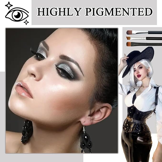 Black Grey Smoky Eyeshadow Palette,15 Colors Matte Shimmer Pigmented Eye Shadow Makeup Palette Set with 3 Eyeshadow Brushes,Glitter Eyeshadow Makeup Palette for Daily Halloween Goth Makeup(M)