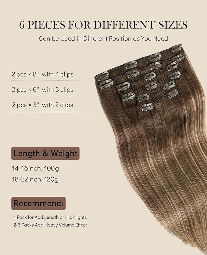 VINBAO 22 Inch 6pcs Clip in Hair Extensions Human Hair #4/27/4 Balayage Color Double Weft Real Natural Straight Remy 120g Human Hair Extension Clips(#4/27/4, 22)