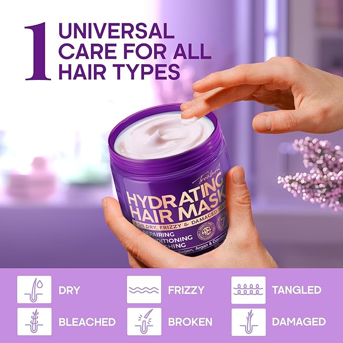 Deep Conditioning Hair Mask for Damaged & Dry – After Hair Relaxer Keratin Treatment for Curly & Color-Treated – Anti-Frizz & Split Ends Repair with Collagen, Biotin, Argan & Coconut Oils – 10 oz
