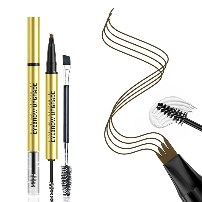 2-in-1 Eyebrow Pen and Eye Brow Clear Gel, 4 Tip Microblading Eyebrow Pencil for Women Hair-Like Strokes & Feathered Brows, Waterproof Long Lasting Lift Shaping, Smudge Proof Brow Pencil, Brown