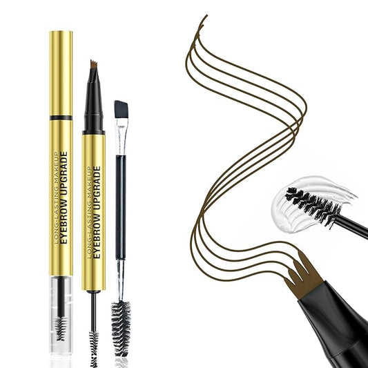 2-in-1 Eyebrow Pen and Eye Brow Clear Gel, 4 Tip Microblading Eyebrow Pencil for Women Hair-Like Strokes & Feathered Brows, Waterproof Long Lasting Lift Shaping, Smudge Proof Brow Pencil, Brown