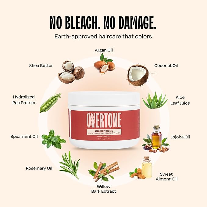 Overtone Semi Permanent Hair Color Conditioner, Rose Gold for Brown is Golden Rose, 8 oz, Nourishing, Damage-Free, Color Depositing Mask for All Hair Types with Shea Butter & Coconut Oil, Vegan