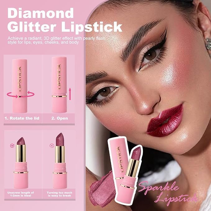 Glitter Lipstick Metallic Lip Stick Long Lasting Waterproof High Shine Diamond Creamy Shimmer Lipstick for Women Transfer Proof Full Coverage Sparkling Hot Pink Lip Crayon Color Makeup, 6