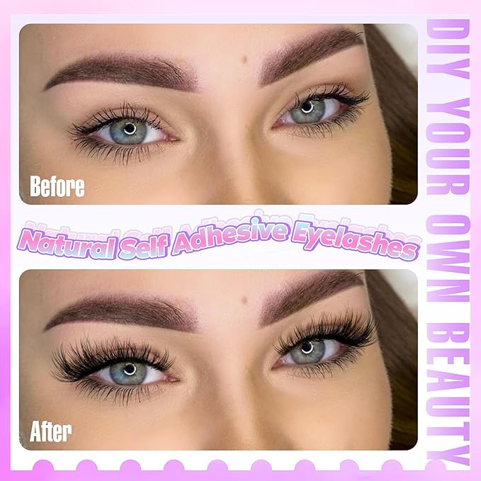Zegaine Self Adhesive Eyelashes Natural Self Adhesive Lash Clusters Wispy Pre Glued Eyelash Clusters Clear Band C-Curly Pestañas Postizas Naturales Wispy Glueless Lashes No Glue Needed 10-14MM