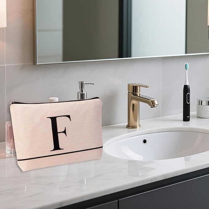 Letter A-Z Initial Personalized Makeup Bags, Birthday Gifts for Women, Monogrammed Gifts for Women Mom Sister Best Friend Bride Bridesmaid, Mothers Day, Christmas, Small Travel Cosmetic Bag (F)