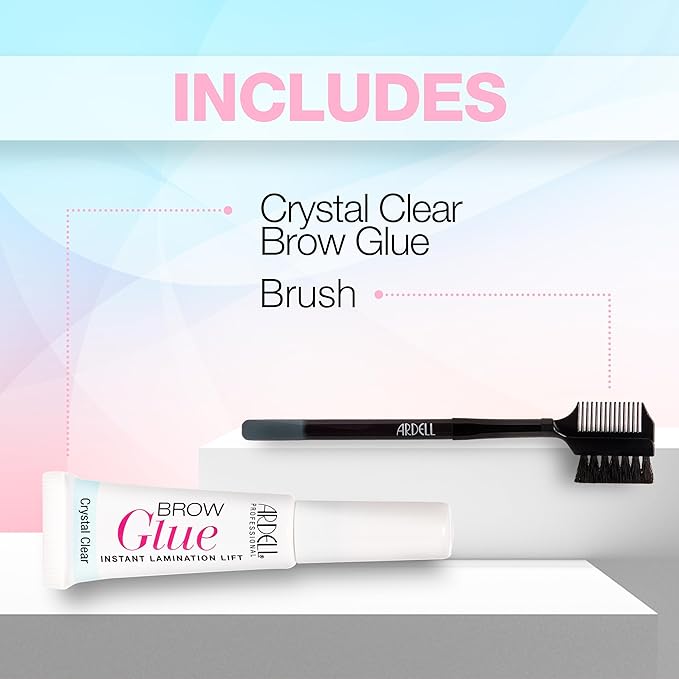 Ardell Brow Glue Crystal Clear - Instant Lamination Brow Gel with Styling Brush, All-day Extreme Hold Eyebrow Gel Clear for Fluffy, Defined Brows, 0.35 oz
