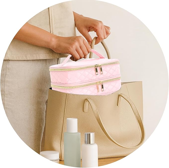 Travel Makeup Bag for Women Three Layer Large Cosmetic Case Water-resistant Toiletry Bag Organizer for Store Toiletries Cosmetic Accessories and Manicure Sets Pink