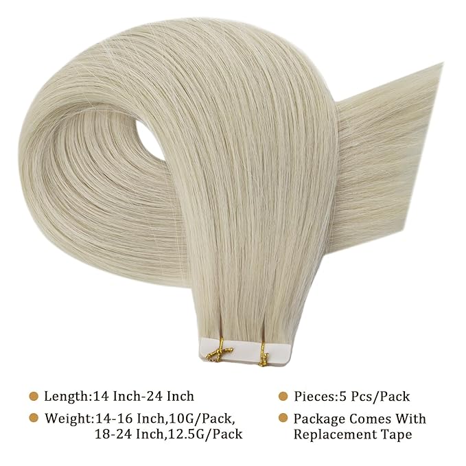 Full Shine Injected Tape in Hair Extensions Human Hair 5Pcs Color 1000 Blonde Intact Hair Extensions Tape in 20Inch Virgin Tapes in Extensions 12.5Gram Seamless Skin Weft Human Hair Straight