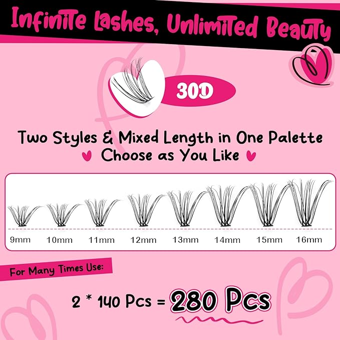Lash Clusters Kit 280pcs Lash Clusters D Curl Eyelash Extension Kit Individual Lashes with Lash Bond and Seal Lash Remover Lash Applicator Easy to Apply at Home(30D-9-16mix Kit)