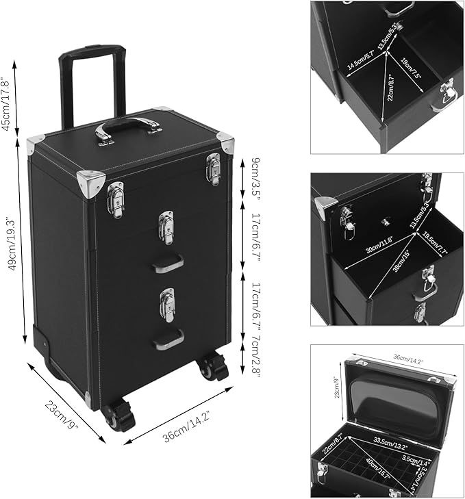Makeup Train Case, Rolling Makeup Trolley Case, 3 Tiers Lockable Nail Polish Organizer with 2 Keys 4 Wheels (2 with Brakes) for Travel Makeup Artists Nail Technicians (Black Case, Silver Lock)