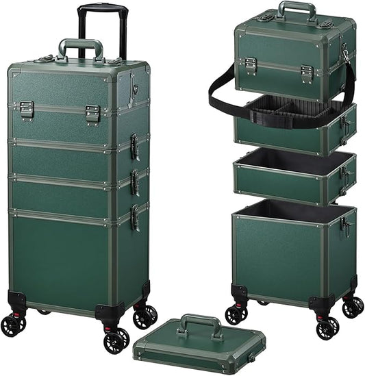 FRENESSA Rolling Makeup Train Case Cosmetology Case on Wheels 5 in 1 Makeup Case with Lid Rolling Large Make Up Organizer for Artist Barber Salon Nail Teach Kits Professional Cosmetic Box Green
