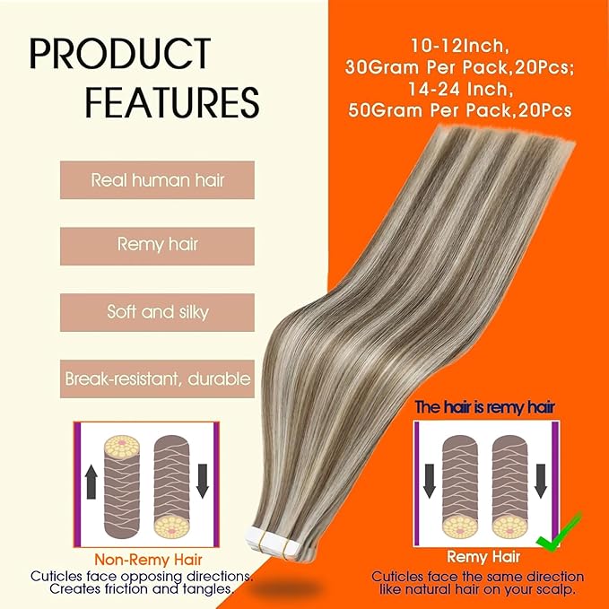 Full Shine Highlight Blonde Tape Extensions Color 8 Ash Brown And 60 Blonde Tape in Hair Extensions Human Hair 24Inch Invisible Seamless Skin Weft 50G 20Pcs Add Length