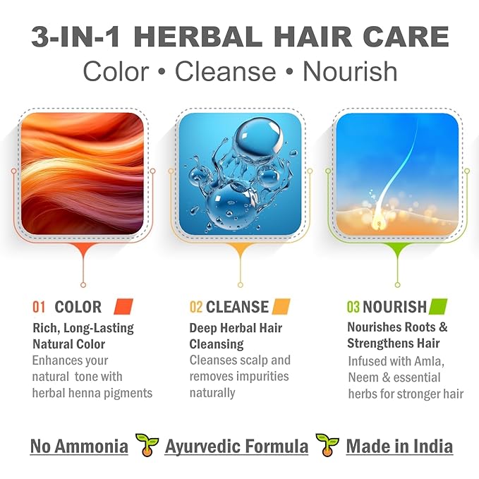 3IN1 Henna Hair Color - 30 Min Fast Herbal Hair Dye for Gray Coverage, Conditioning & Hair Treatment - No Ammonia, Semi-Permanent, Plant-Based (DARK BROWN)