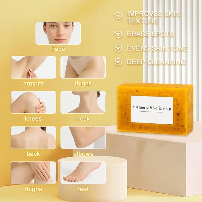 Turmeric Soap for Spots Remover - Honey Lemon Turmeric Kojic Soap Bar for Face and Body, Organic Daily Use Skin Care Soaps, Evens Skin Tone Deep Cleansing Moisturizing (3pcs)
