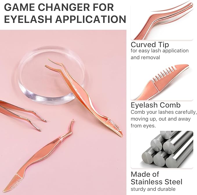 Pretty memory Upgraded Lash Applicator Tool with Comb, 2-IN-1 Stainless Steel Eyelash Tweezers, Lash Extension Curlers, Curved Tweezer Clip for Easy Application and Removal