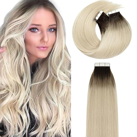 Lacer Hair Rooted Human Hair Tape in Extensions Natural Dip Dyed Balayage R#2/60 Darker Brown to Platinum Blonde Seamless PU Skin Weft 22 Inch Real Remy Hair Extensions Double Side 50g 20pcs