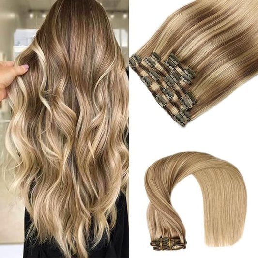 VINBAO Human Hair Extensions Clip in Balayage Light Brown to Caramel Blonde 16 Inch 100g 6pcs Remy Clip in Hair Extensions Straight Thick Hair Extension (#10/16/16, 16'')