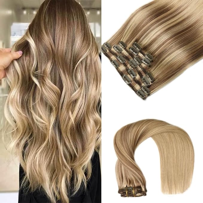 VINBAO Clip in Hair Extensions Human Hair 20 Inch 6pcs 120g Balayage Ash Brown to Caramel Blonde Hair Extensions Clip in Human Hair Extension (#10/16/16,20'')