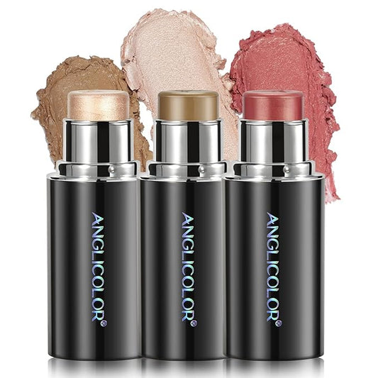 3PC Anglicolor Highlighter Long Lasting,Contour Stick Makeup Naturally,Blush Makeup Smoothing,High Color Rendering,Easy To Mix,Vegan & Cruelty-Fre