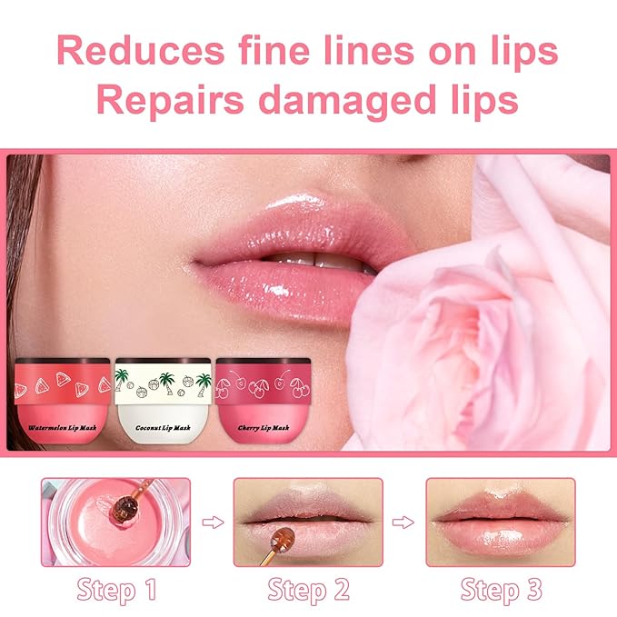 3 Pcs Bee Lip Balm Honey Pot, Honey Strawberry Apple Lip Mask Overnight, Moisturizing Lip Sleeping Mask, Hydrate Repair Prevent Dry Cracked Lip Exfoliator Lip Care (Coconut +Watermelon+Cherry)