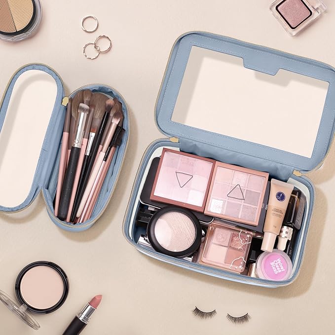 Travel Clear Makeup Bag with Makeup Brush Bag, Leather Makeup Case Toiletry Bag, Portable Cosmetic Bag Case, Transparent Waterproof Cosmetic Organizer Storage Bag for Women, Blue