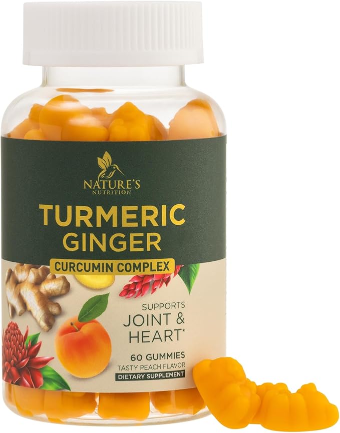Turmeric Curcumin Supplement Gummies - 95% Curcuminoids with Turmeric & Ginger, Black Pepper for Best Absorption, Nature's Vegan Joint Support, Non-GMO, Gluten Free, Tasty Peach Flavor - 60 Gummies