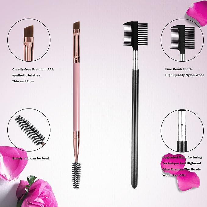 Duo Eyebrow Brush and Eyelash Comb Set - Professional Angled Brow Brush and Spoolie - Black and Pink